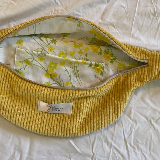 Sac banane - Velours jaune fleurs jaunes